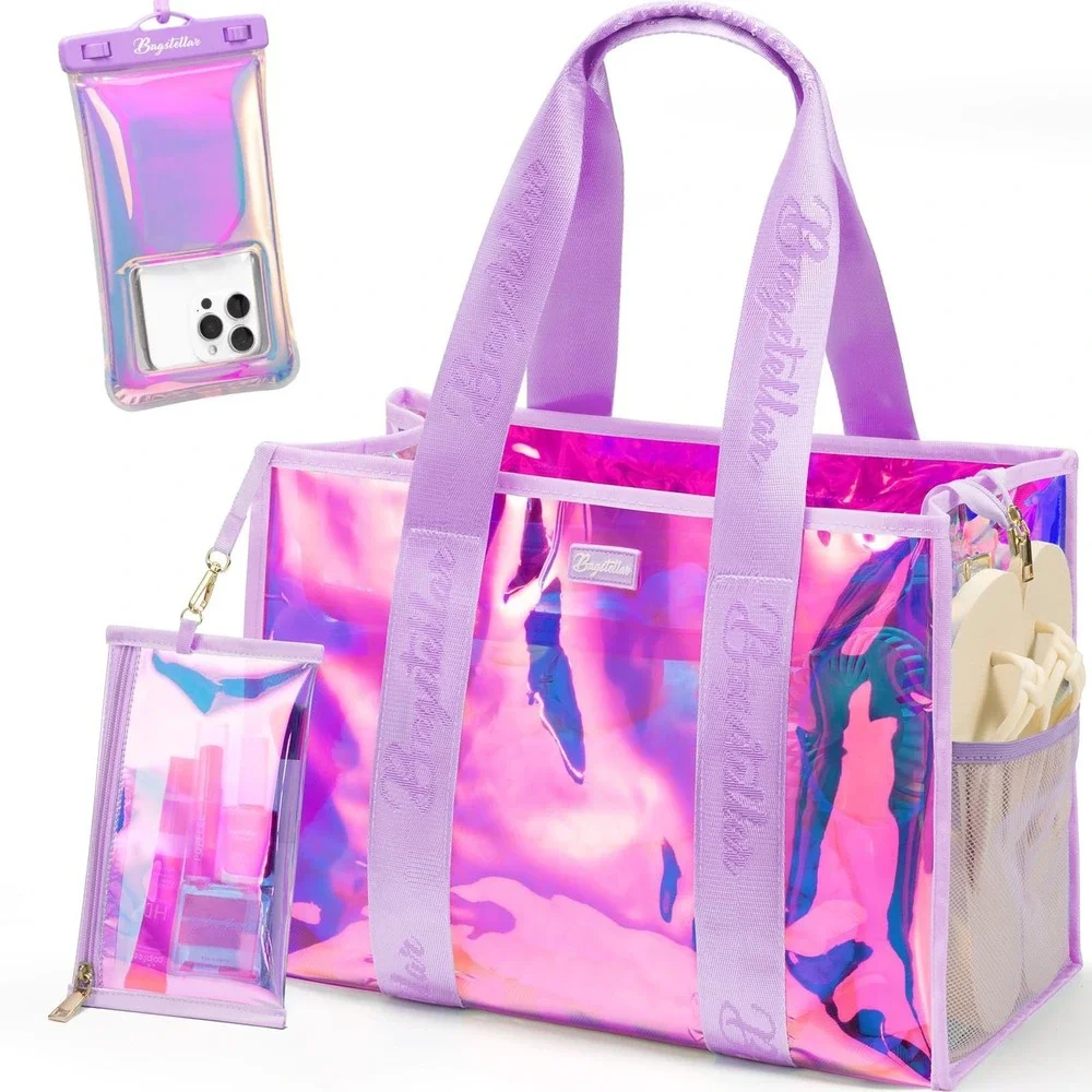 NWT Bagstellar Iridescent Clear Beach Tote Bag 4-Piece Waterproof Phone Kit